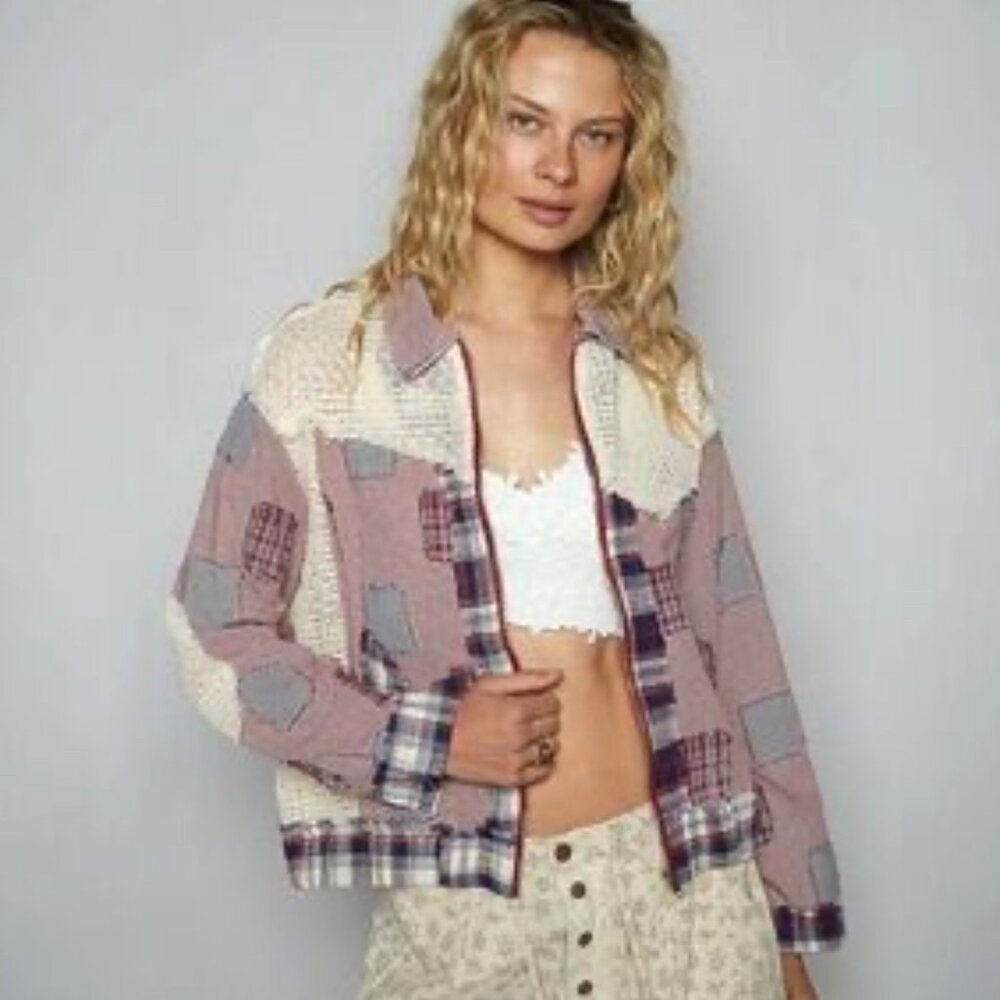 NWT LADIES SIZE S POL CRANBURY CHECK BLUE PATCHWORK CROCHET POCKET ZIPPER JACKET